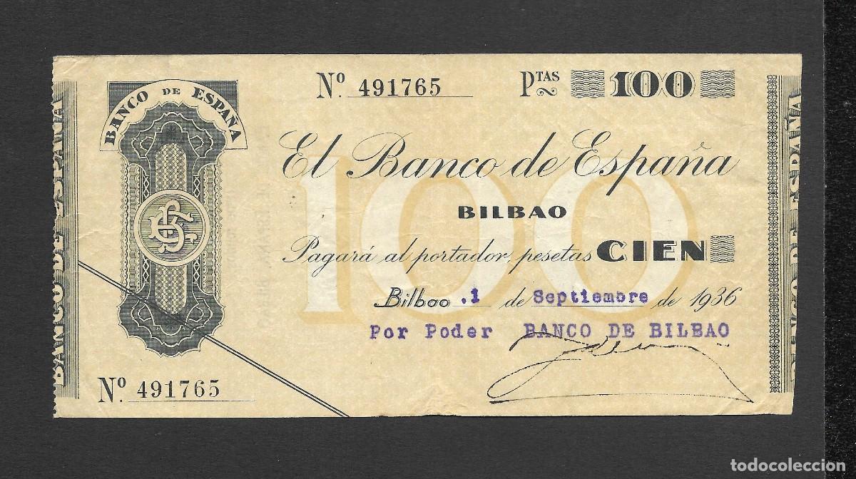 Billetes espa&ntilde;oles: 100 PESETAS 1936 SIN SERIE BILBAO MBC