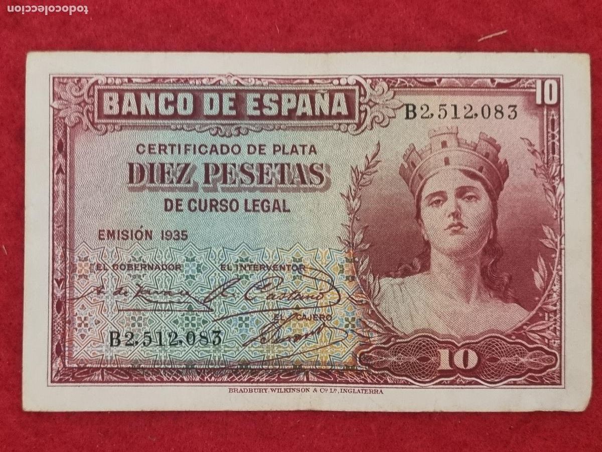 Billetes espa&ntilde;oles: BILLETE 10 PESETAS 1935 REPUBLICA SERIE B MBC ORIGINAL T083