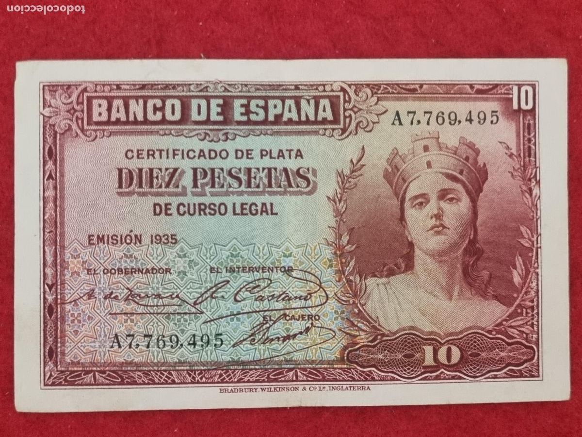 Billetes espa&ntilde;oles: BILLETE 10 PESETAS 1935 REPUBLICA SERIE A MBC ORIGINAL T495