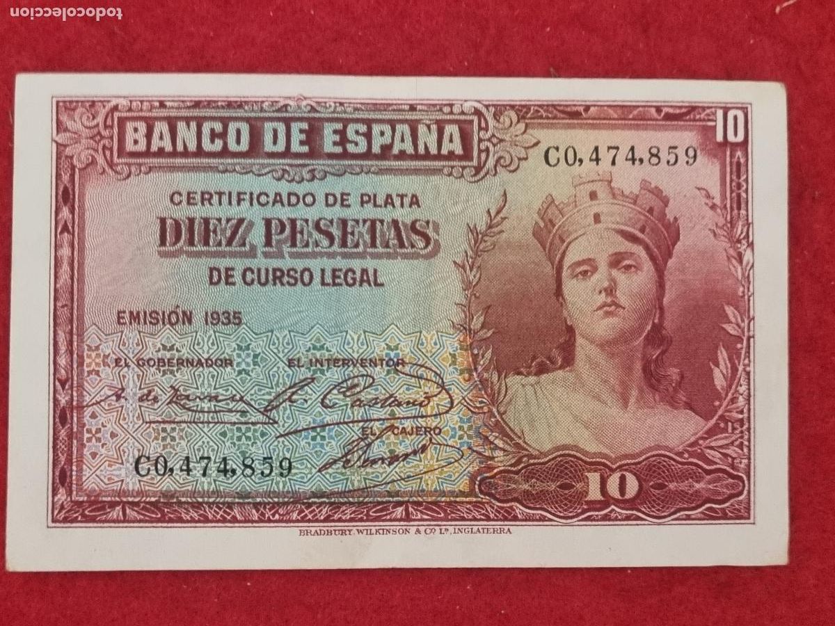 Billetes espa&ntilde;oles: BILLETE 10 PESETAS 1935 REPUBLICA SERIE C MBC+ ORIGINAL T859