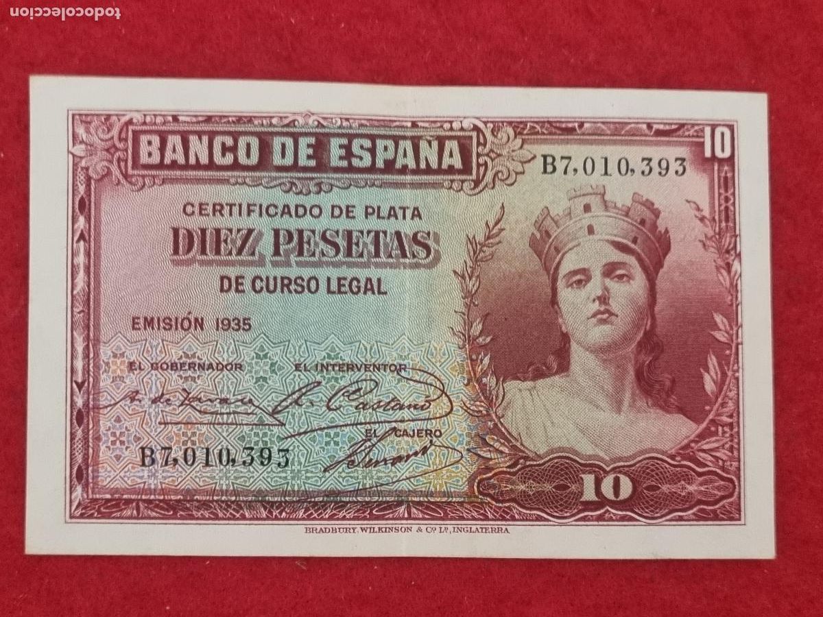 Billetes espa&ntilde;oles: BILLETE 10 PESETAS 1935 REPUBLICA SERIE B MBC++ ORIGINAL T393