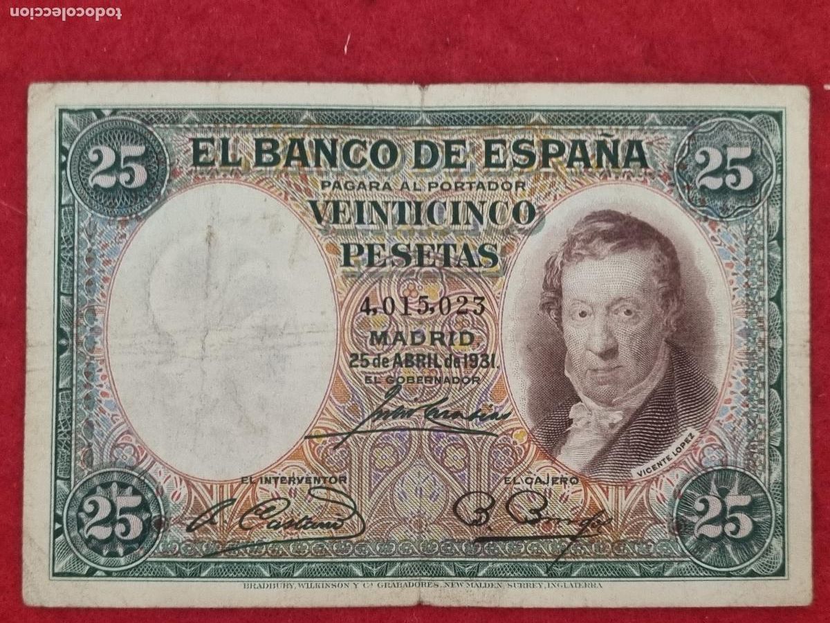 Billetes espa&ntilde;oles: BILLETE 25 PESETAS 1931 REPUBLICA SIN SERIE MBC ORIGINAL T023