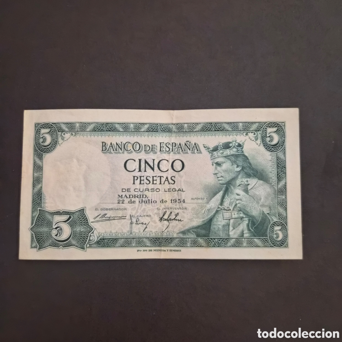 Billetes espa&ntilde;oles: Billete de 5 Pesetas &ndash; Alfonso X el Sabio &ndash; 22 de Julio de 1954 &ndash; Serie