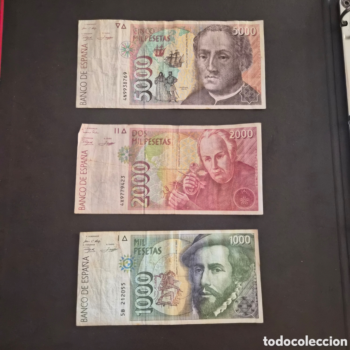 Billetes espa&ntilde;oles: Lote de 3 Billetes del Banco de Espa&ntilde;a &ndash; 1.000, 2.000 y 5.000 Pesetas &ndash; Descubridores y Cient&iacute;ficos