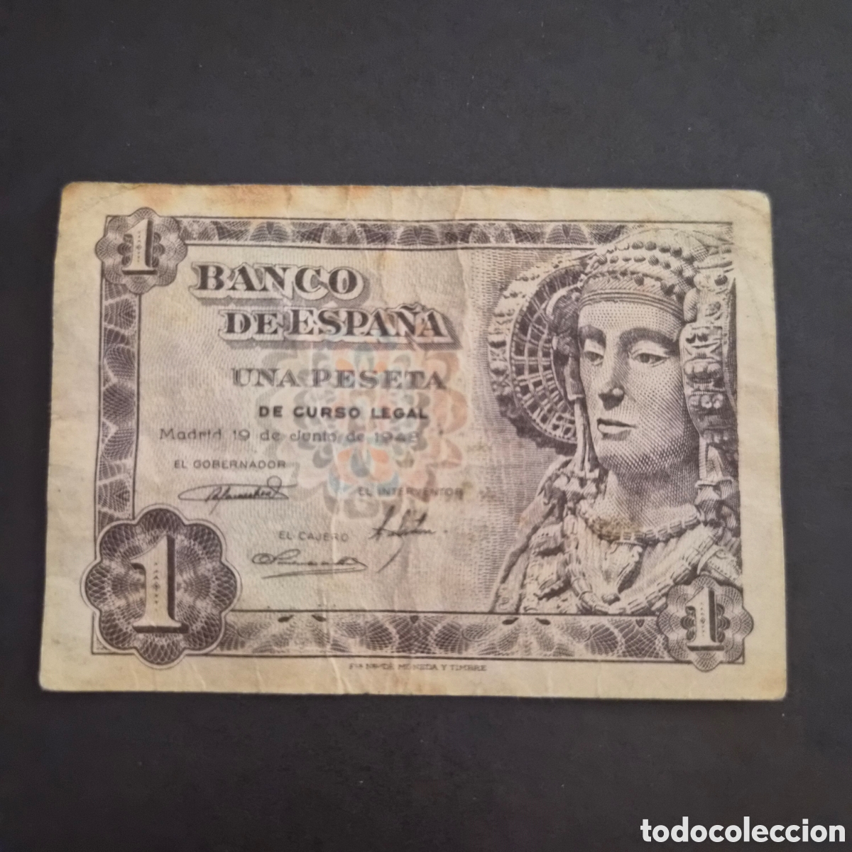 Billetes espa&ntilde;oles: Billete de 1 Peseta &ndash; Banco de Espa&ntilde;a &ndash; Dama de Elche &ndash; 19 de junio de 1948