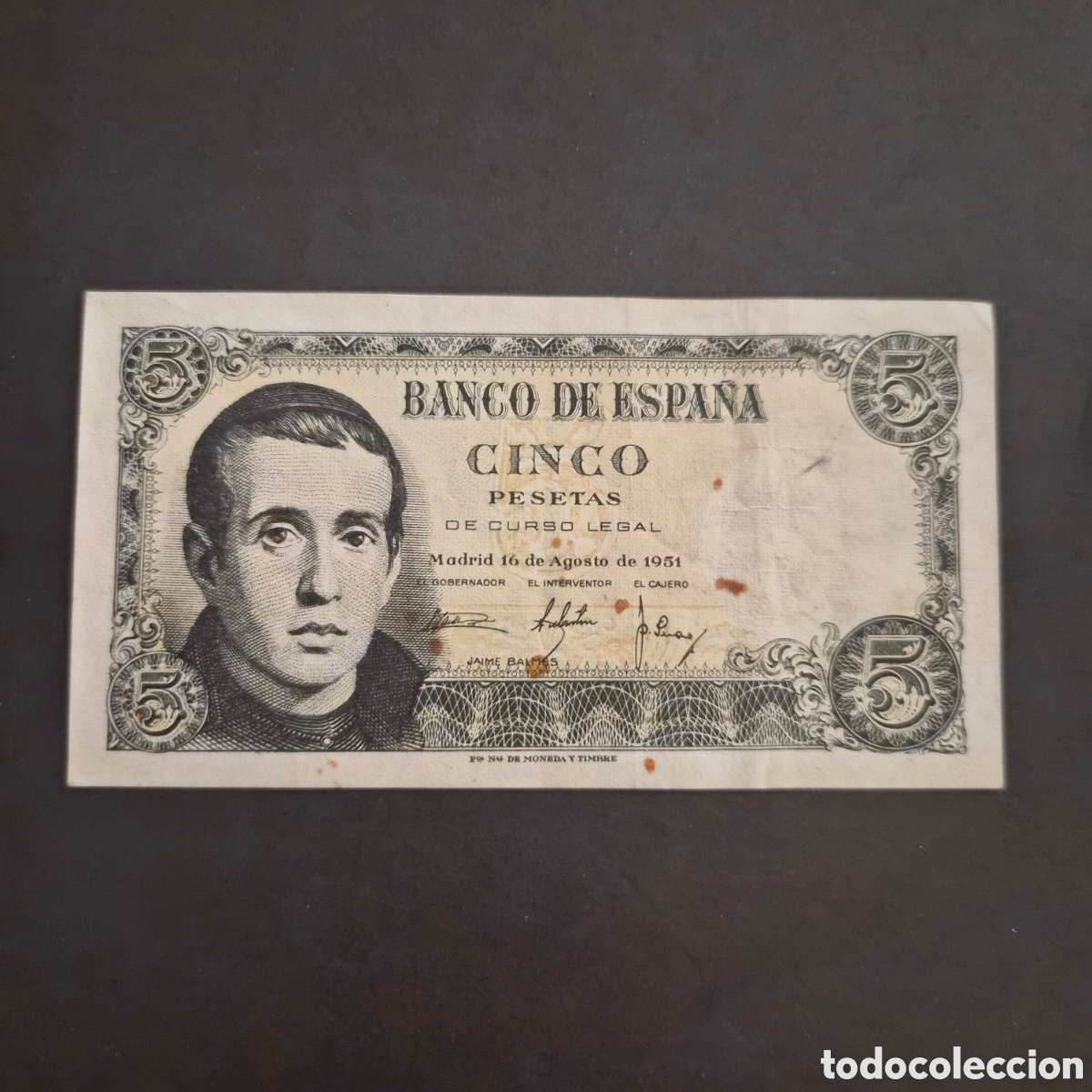 Billetes espa&ntilde;oles: Billete de 5 Pesetas &ndash; Jaime Balmes &ndash; 16 de agosto de 1951