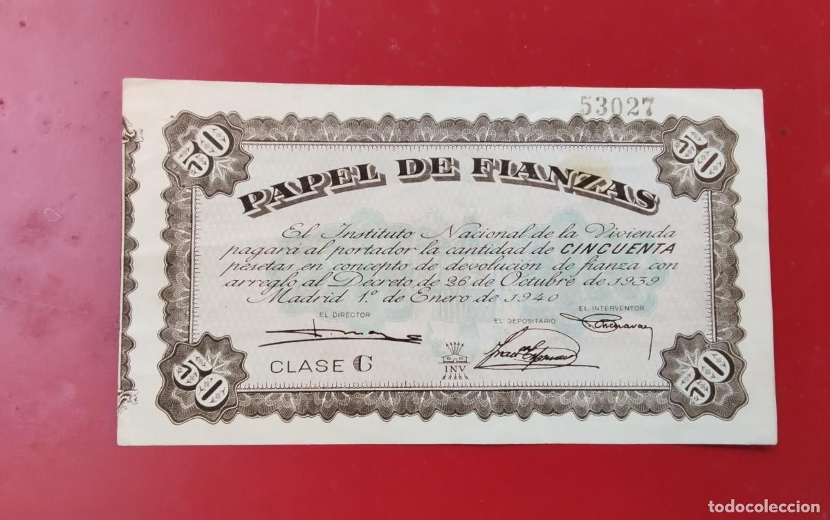 Spanish Banknotes: BILLETE PAPEL DE FIANZAS DE 50 PTS A&Ntilde;O 1940 ANAGRAMA DE FALANGE, MUY BUEN ESTADO