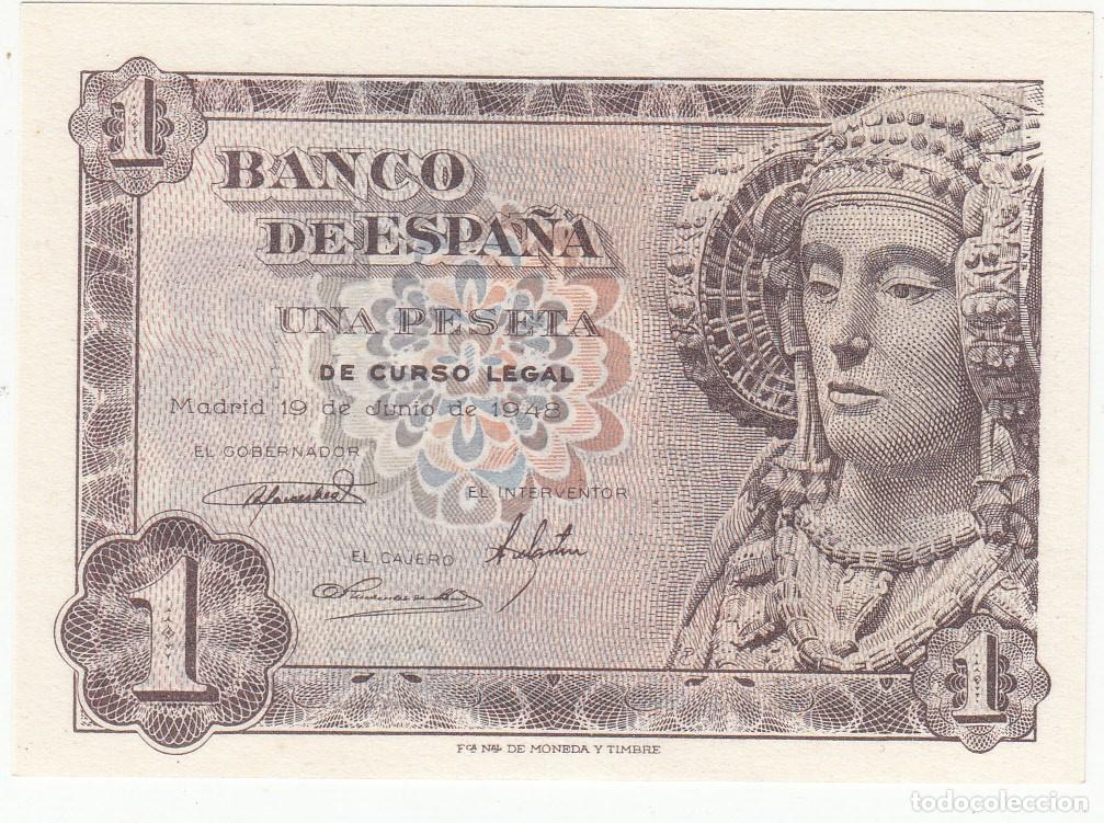Notas espanholas: BILLETE BANCO DE ESPA&Ntilde;A --PLANCHA -- 1 PESETA 1948 - LA DAMA DE ELCHE