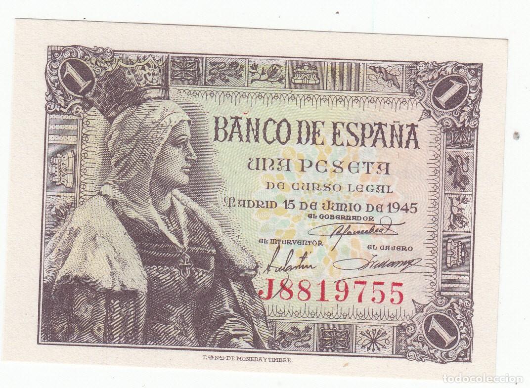 Notas espanholas: BILLETE BANCO DE ESPA&Ntilde;A --PLANCHA -- 1 PESETA 1945 - ISABEL LA CAT&Oacute;LICA