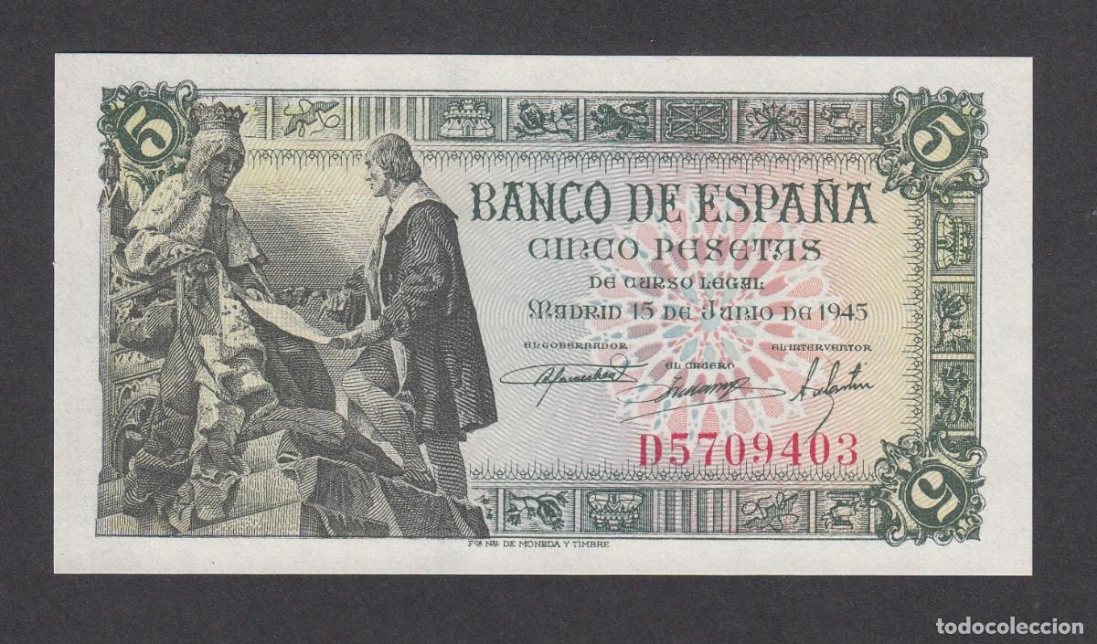 Notas espanholas: BILLETE BANCO DE ESPA&Ntilde;A --PLANCHA -- 5 PESETAS 1945 -EXCELENTE