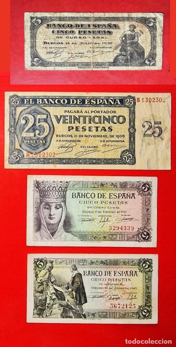 Billetes espa&ntilde;oles: SIN SERIE Y ULTIMA SERIE S * LOTE |SOLO ACEPTO PAYPAL| BILLETE 5 25 PESETAS 1936 1937 1943 1945 LEER
