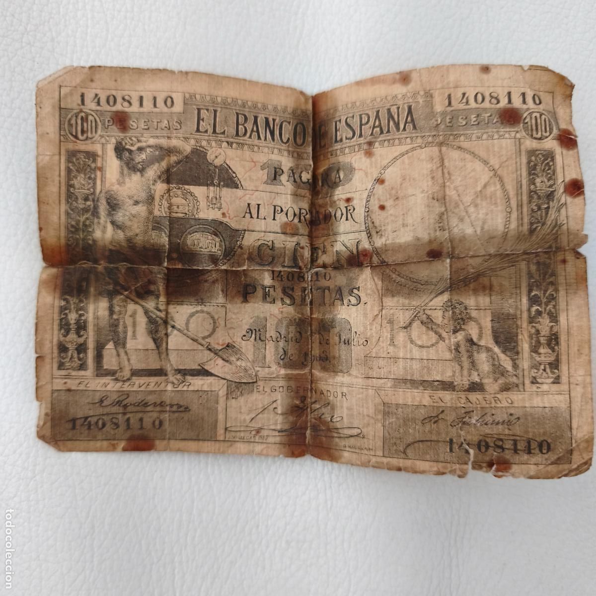 Billetes espa&ntilde;oles: Billete cien 100 pesetas Banco de Espa&ntilde;a serie el trabajo principios del siglo XX