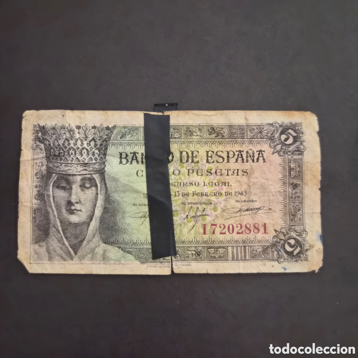 Billetes espa&ntilde;oles: Billete de 5 Pesetas &ndash; Isabel la Cat&oacute;lica &ndash; 13 de febrero de 1943 &ndash; Serie I