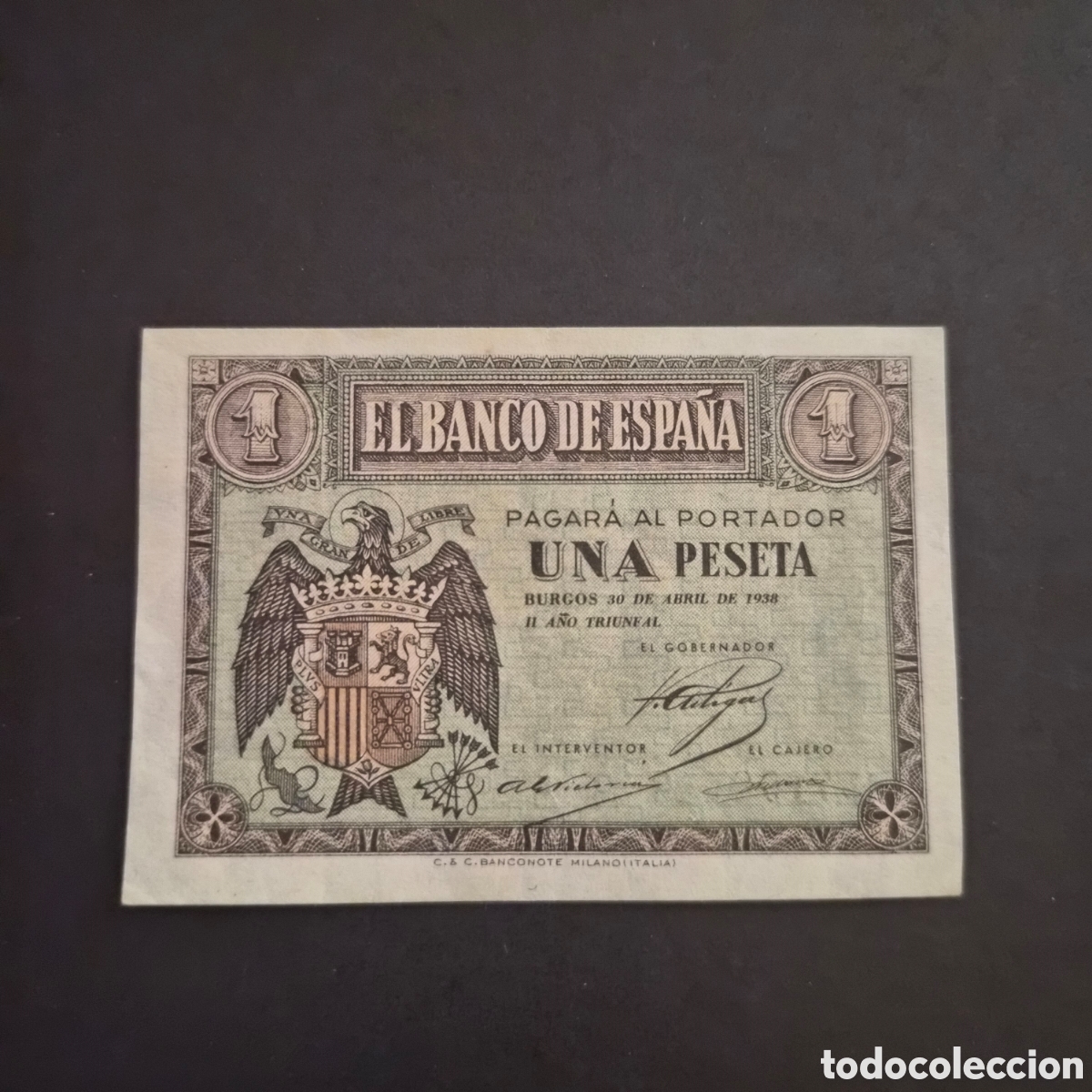 Billetes espa&ntilde;oles: Billete de 1 Peseta &ndash; Burgos &ndash; 30 de abril de 1938 (II A&ntilde;o Triunfal) &ndash; Guerra Civil Espa&ntilde;ola