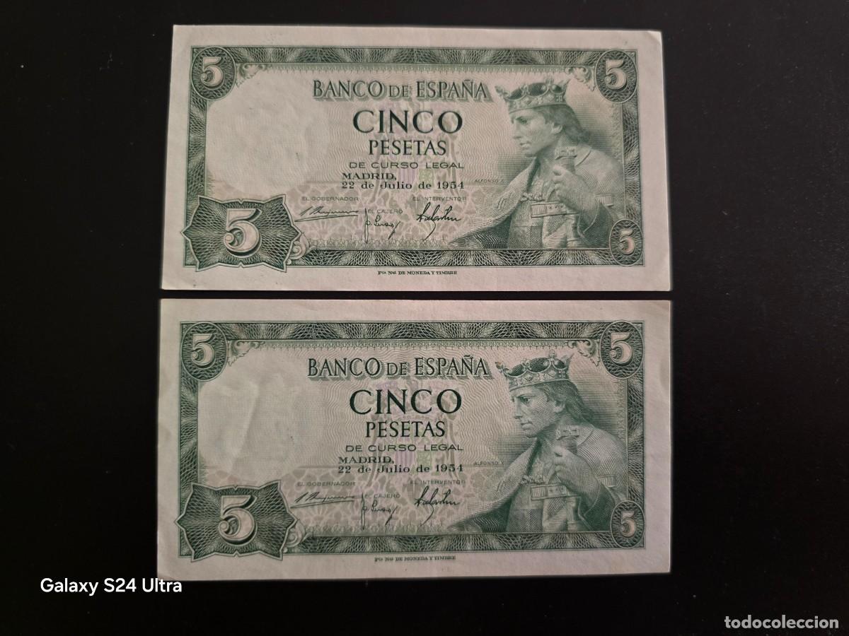 Billetes espa&ntilde;oles: PAREJA CORRELATIVA DE 5 PESETAS DE 1954 .... SERIE L....MUY BONITO....ES EL DE LAS FOTOS
