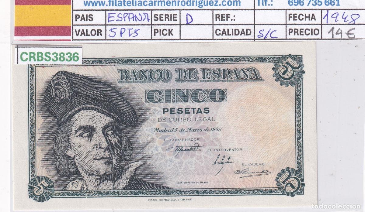 Billetes espa&ntilde;oles: CRBS3836 BILLETE ESPA&Ntilde;A 5 PESETAS 1948 SERIE D SIN CIRCULAR