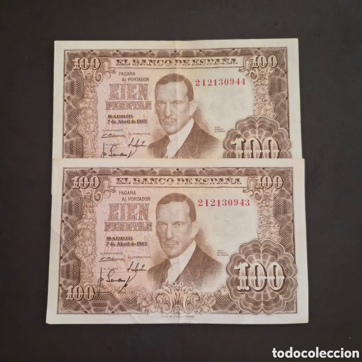 Billetes espa&ntilde;oles: Lote de 2 Billetes Correlativos de 100 Pesetas &ndash; Julio Romero de Torres &ndash; 7 de abril de 1953