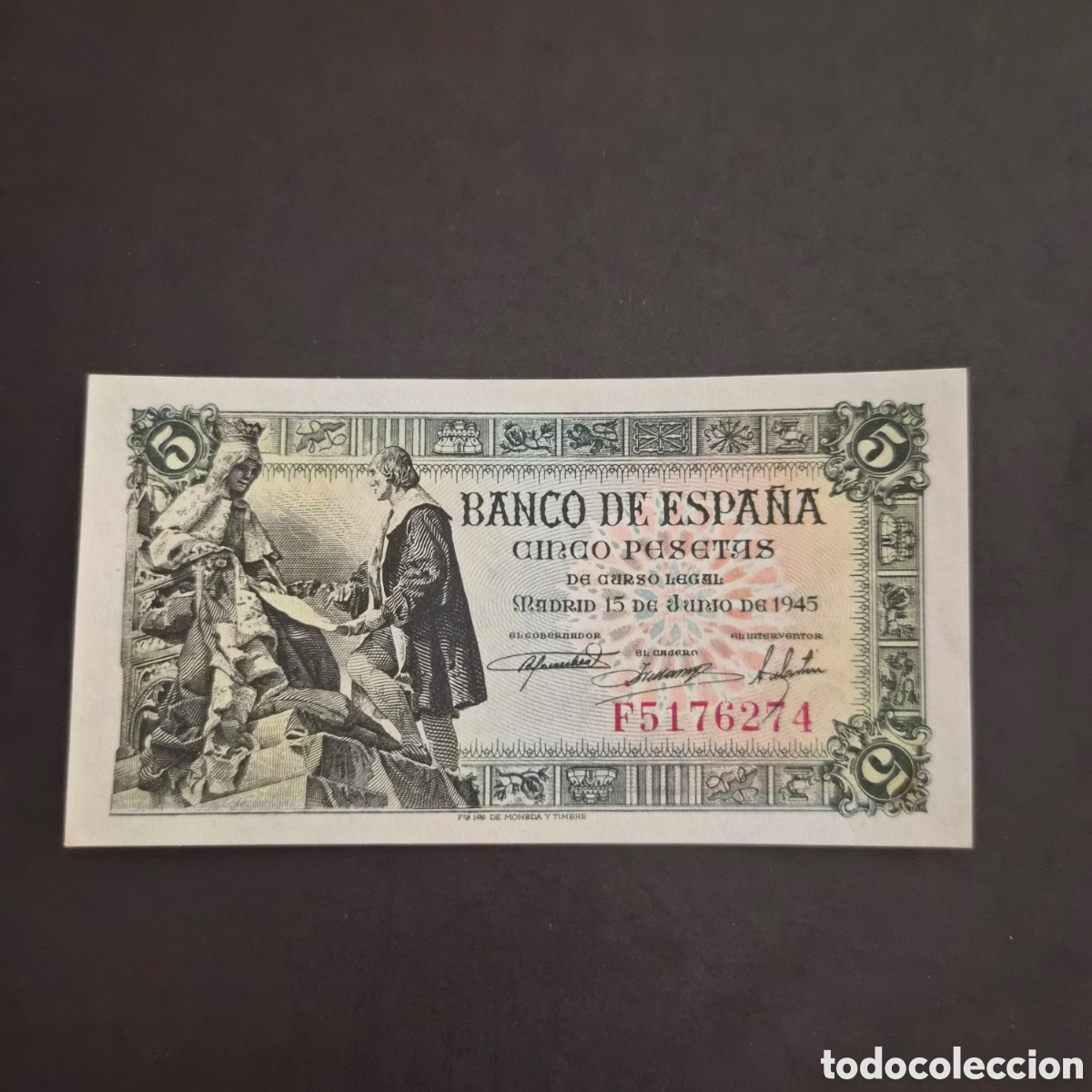 Billetes espa&ntilde;oles: Billete de 5 Pesetas &ndash; Banco de Espa&ntilde;a &ndash; 15 de junio de 1945 &ndash; Serie F