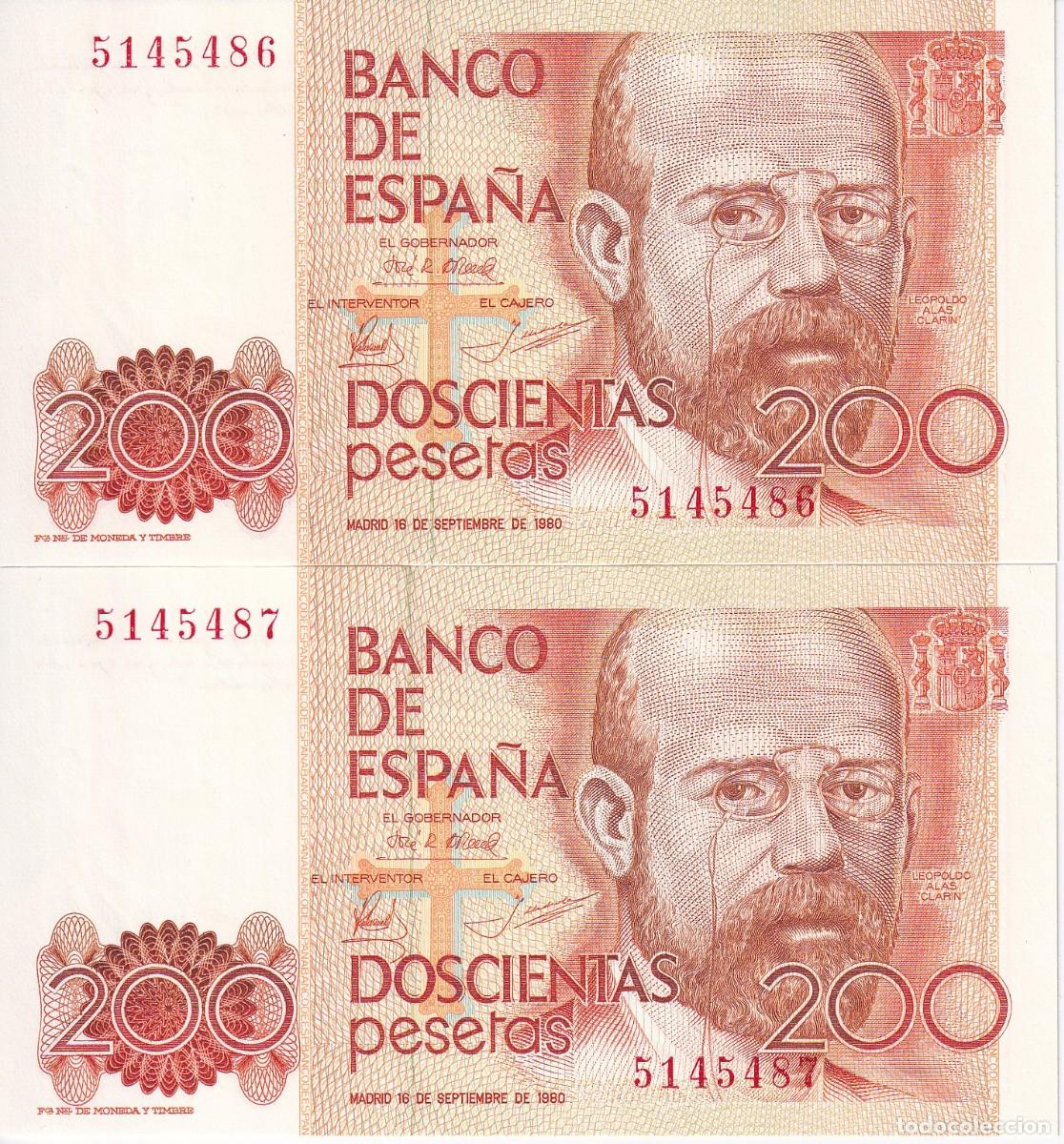 Spanische Banknoten: PAREJA CORRELATIVA DE 200 PESETAS DEL A&Ntilde;O 1980 SIN SERIE SIN CIRCULAR (SC) (ALAS CLARIN)