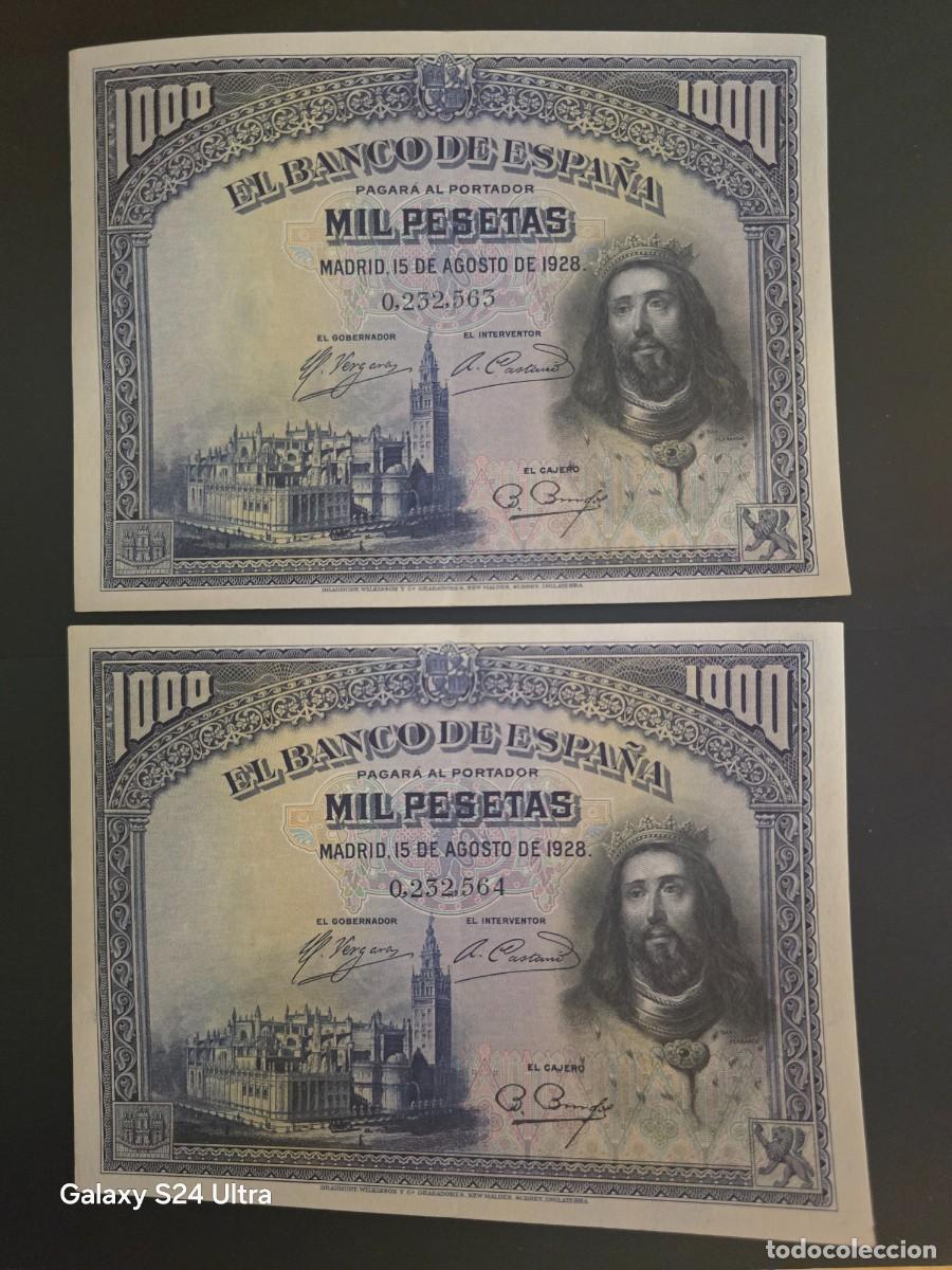 Billetes espa&ntilde;oles: PAREJA CORRELATIVA 1000 PESETAS DE 1928 .... SIN SERIE....N&deg;BAJO.....PRECIOSO.....ES EL DE LAS FOTOS