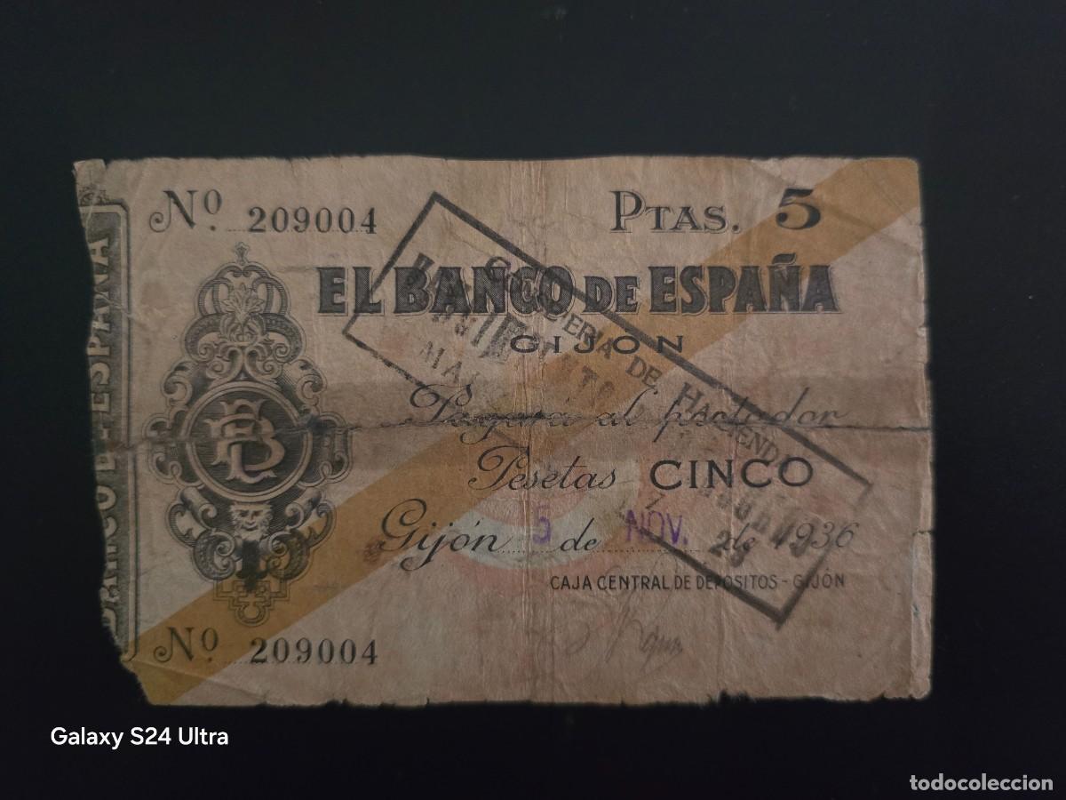Billetes espa&ntilde;oles: 5 PESETAS DE 1936.....BANCADE ESPA&Ntilde;A EN GIJON.....MUY ESCASO......ES EL DE LAS FOTOS