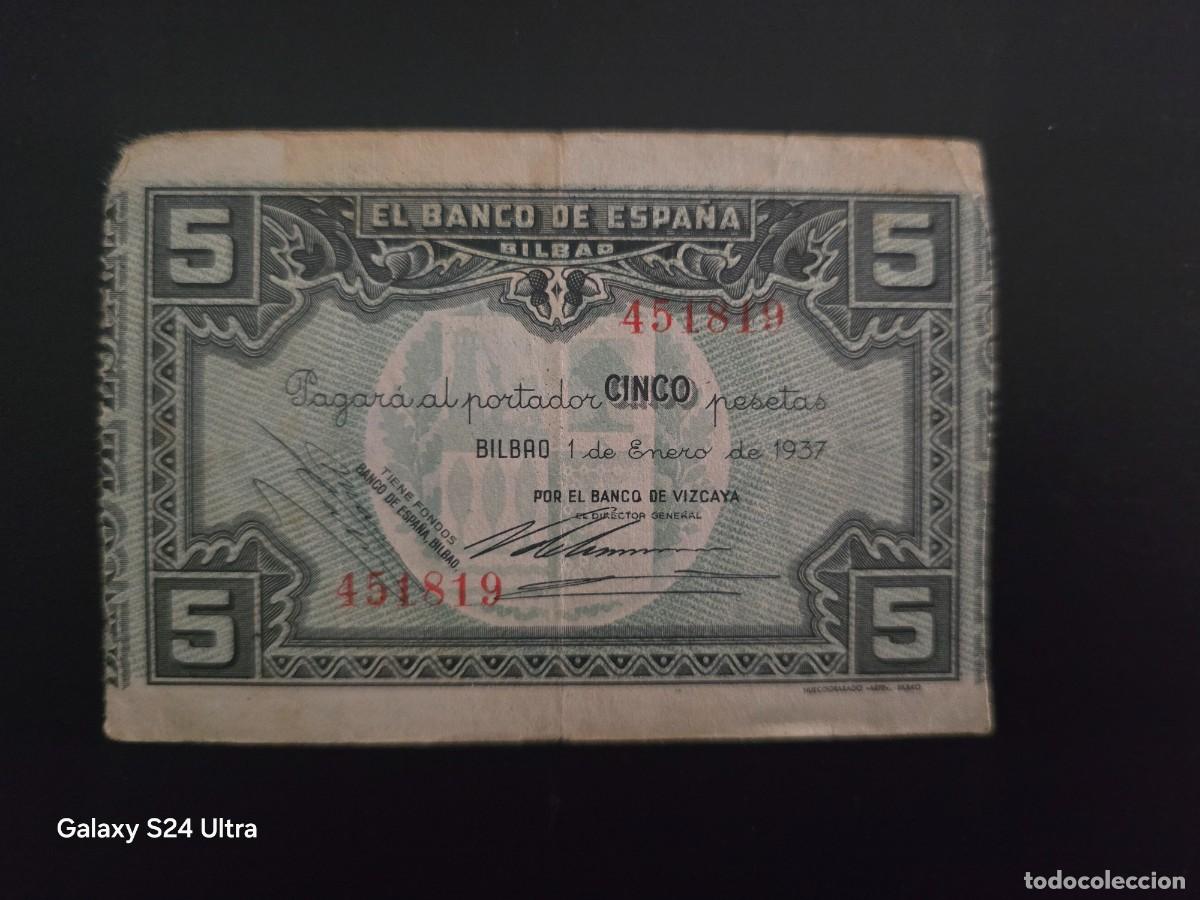 Billetes espa&ntilde;oles: 5 PESETAS DE 1937.....BANCO DE ESPA&Ntilde;A EN BILBAO.... BONITO......ES EL DE LAS FOTOS