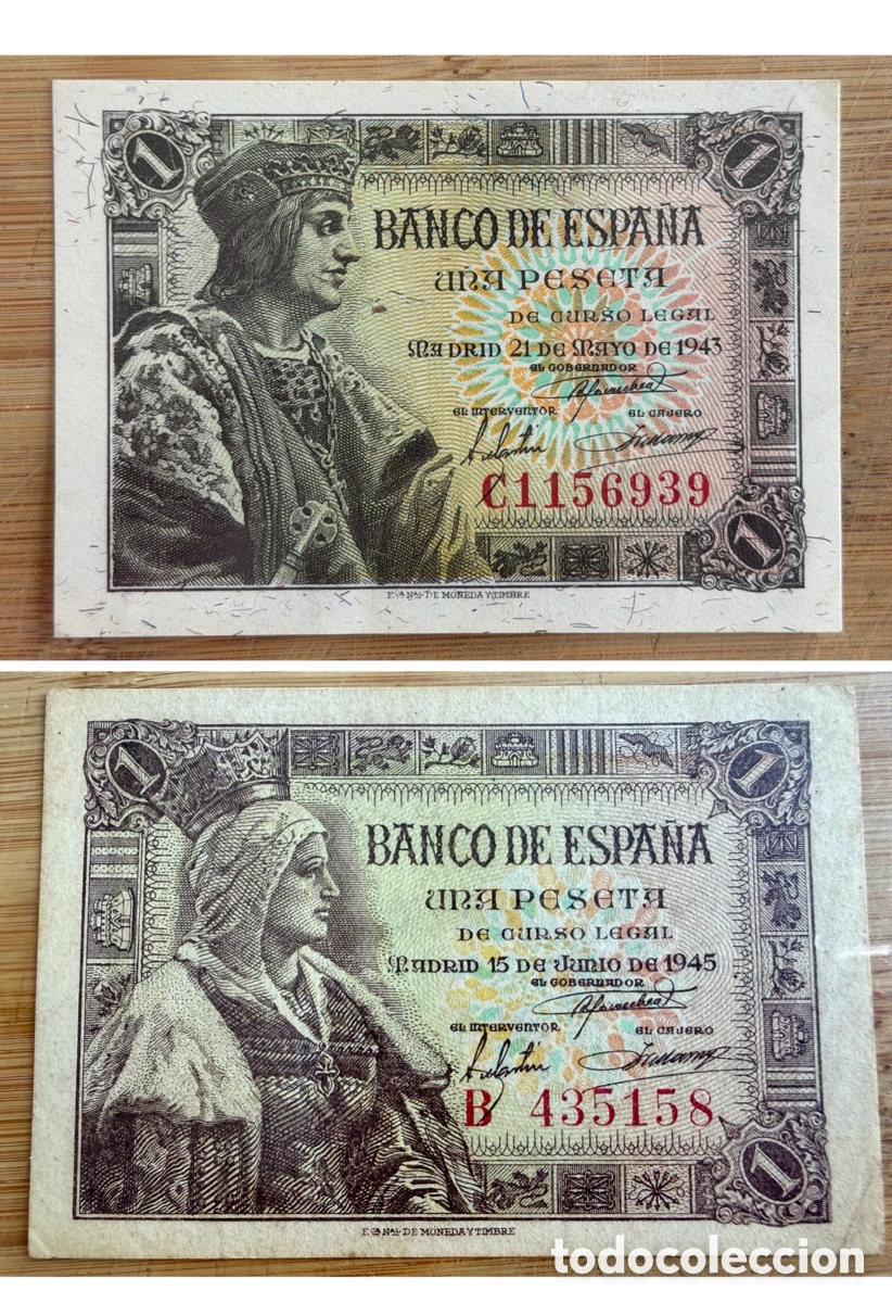 Billetes espa&ntilde;oles: Lote. Billetes de 1 peseta. 1943 y 1945. OCASI&Oacute;N!