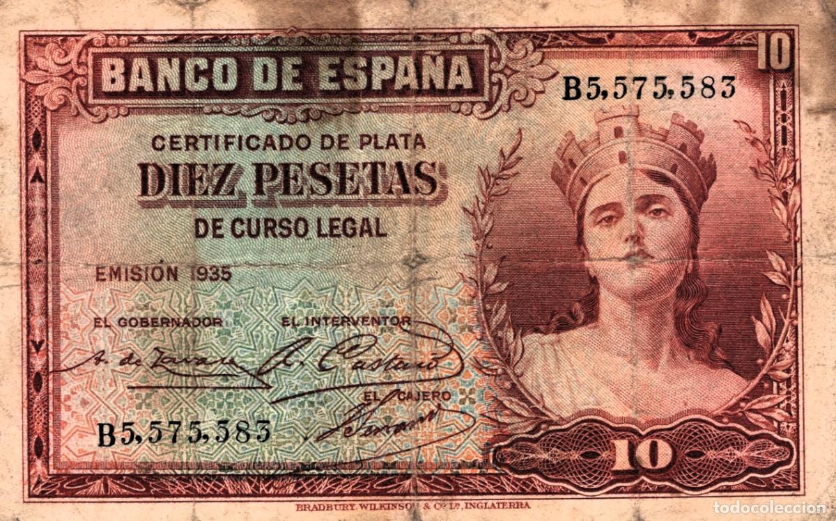 Billetes espa&ntilde;oles: Espa&ntilde;a 2&ordf; Rep&uacute;blica 10 pesetas 1935 Certificado de Plata serie B5 P#86