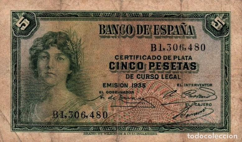 Billetes espa&ntilde;oles: Espa&ntilde;a 2&ordf; Rep&uacute;blica 5 pesetas 1935 Certificado de Plata Serie B P#85