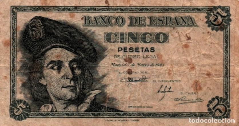 Billetes espa&ntilde;oles: 5 Pesetas Espa&ntilde;a 1948 Francisco Franco serie Juan Sebasti&aacute;n El Cano P#136