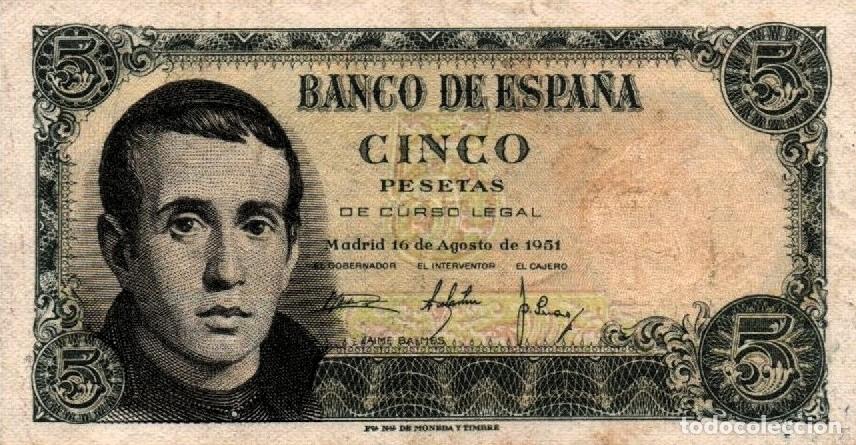 Billetes espa&ntilde;oles: 5 Pesetas Espa&ntilde;a 1951 Francisco Franco serie Jaime Balmes P#140
