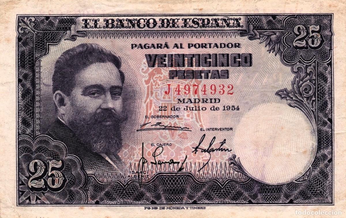 Billetes espa&ntilde;oles: 25 pesetas Espa&ntilde;a 1954 Isaac Alb&eacute;niz serie J P#147
