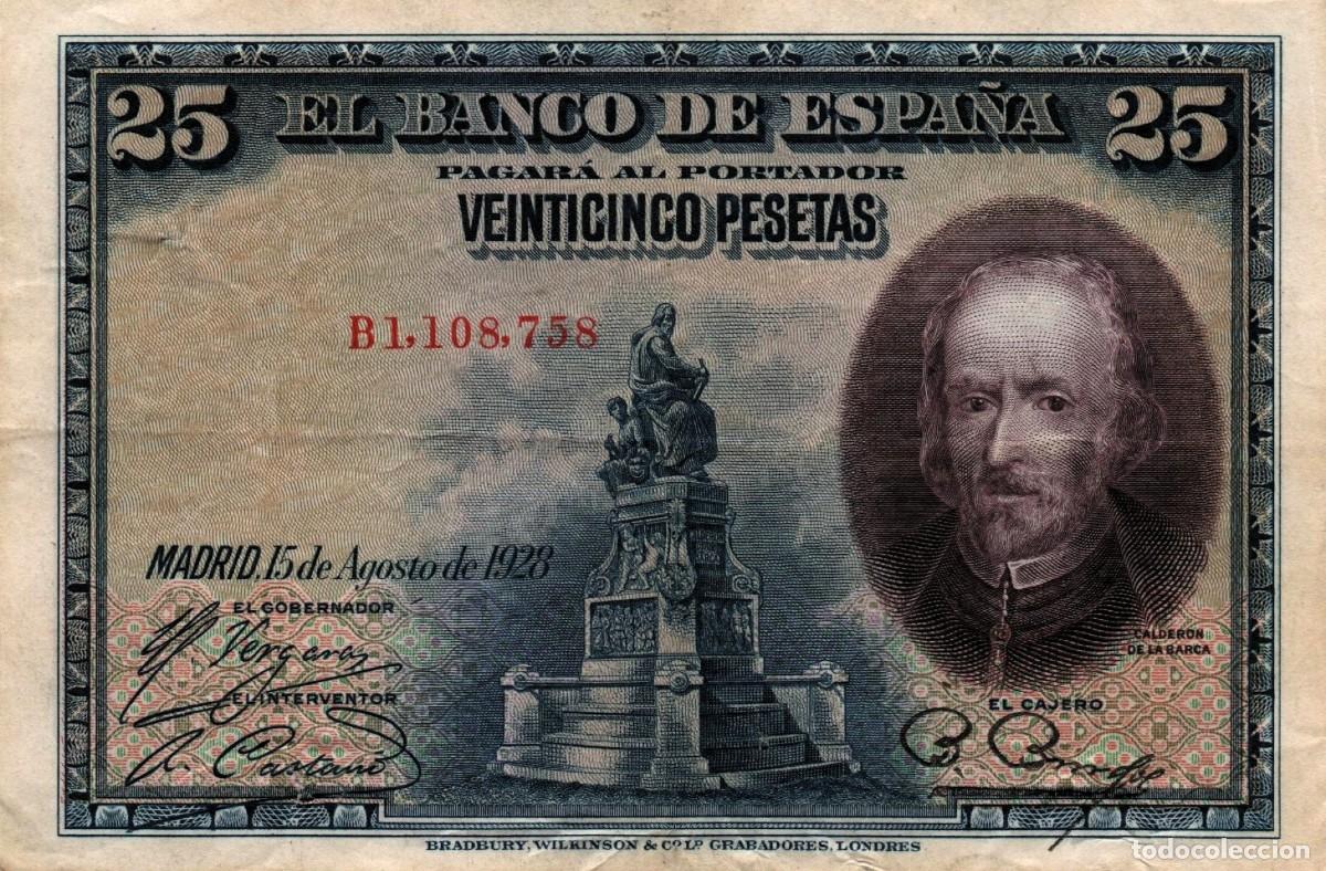 Billetes espa&ntilde;oles: 25 Pesetas Espa&ntilde;a 1928 Rey Alfonso XIII serie Calder&oacute;n de la Barca P#74