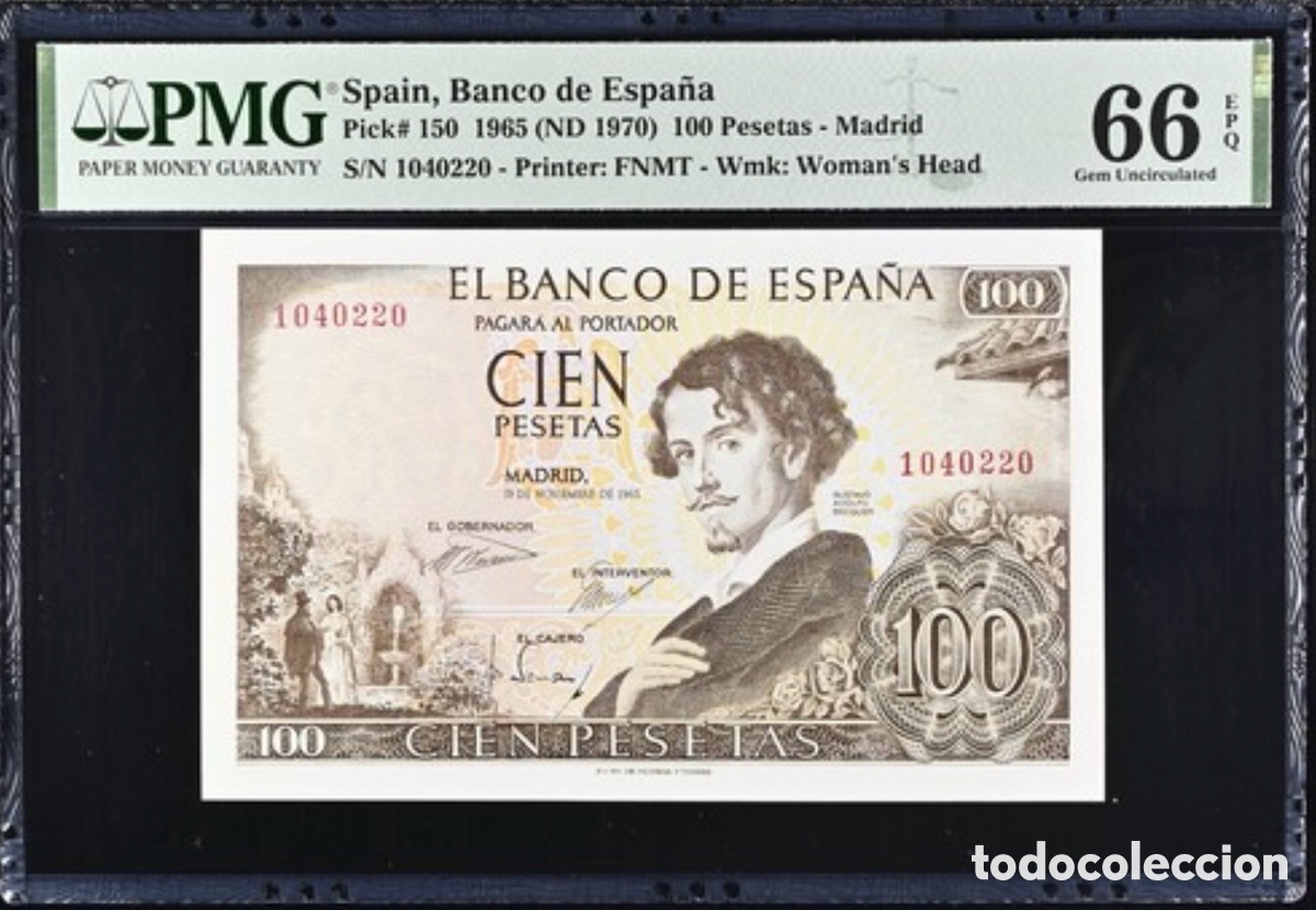 Billetes espa&ntilde;oles: Billete 100 Pesetas 1965 PMG 66 Sin Serie
