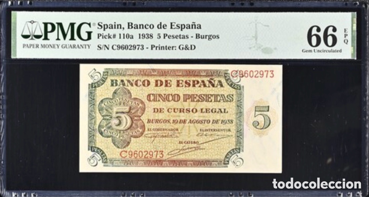 Billetes espa&ntilde;oles: Billete 5 Pesetas 1938 PMG 66 Serie C
