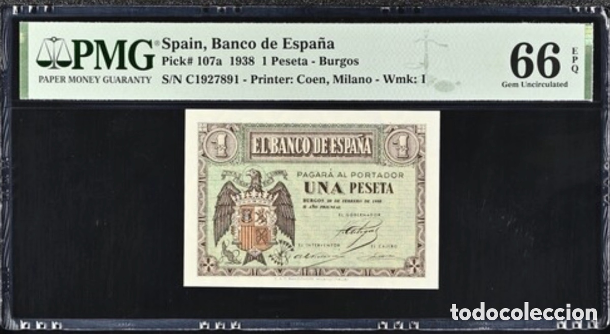 Billetes espa&ntilde;oles: Billete 1 Pesetas Febrero 1938 PMG 66 Serie C Pick 107a