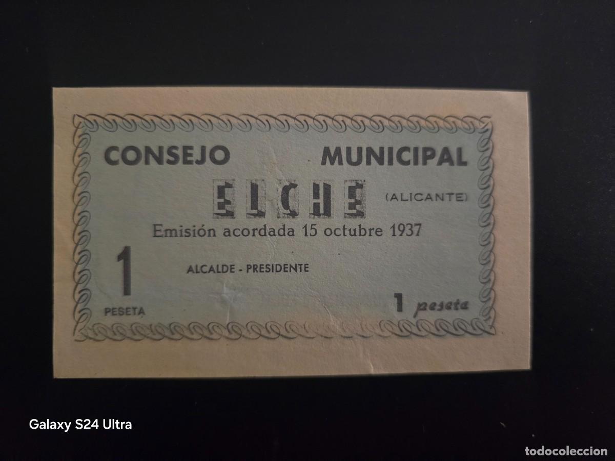 Billetes espa&ntilde;oles: 1 PESETA DE 1937.....CONSEJO MUNICIPAL DE ELCHE....MUY BONITO......ES EL DE LAS FOTOS