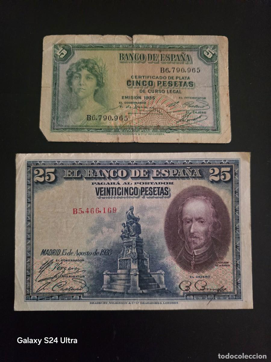 Billetes espa&ntilde;oles: LOTE DE 2 BILLETES DE 5 PTS Y 25 PTS DE 1935 Y 1928.... ES EL DE LAS FOTOS