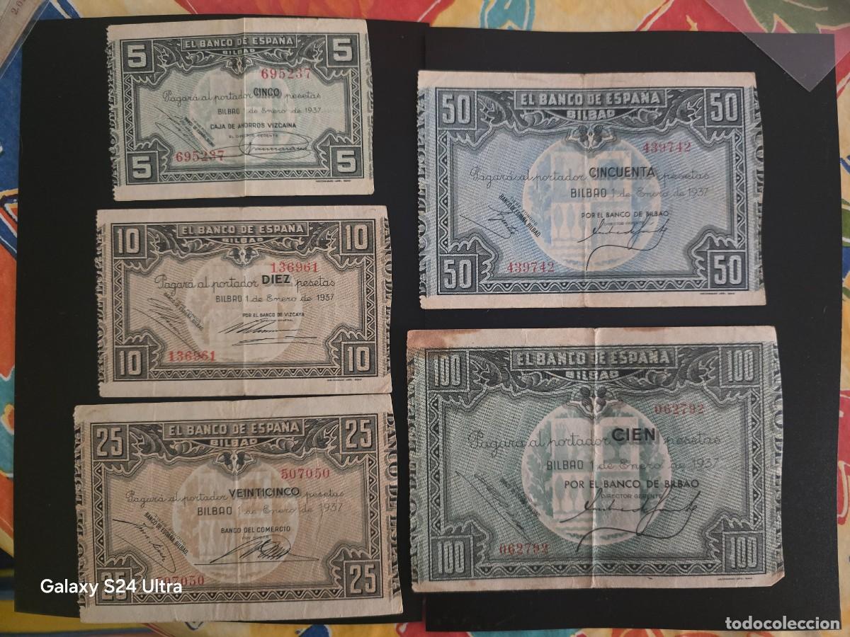 Billetes espa&ntilde;oles: LOTE DE 5 BILLETES DE 1937.....BANCO DE ESPA&Ntilde;A EN BILBAO....MUY BONITOS.... ES EL DE LAS FOTOS
