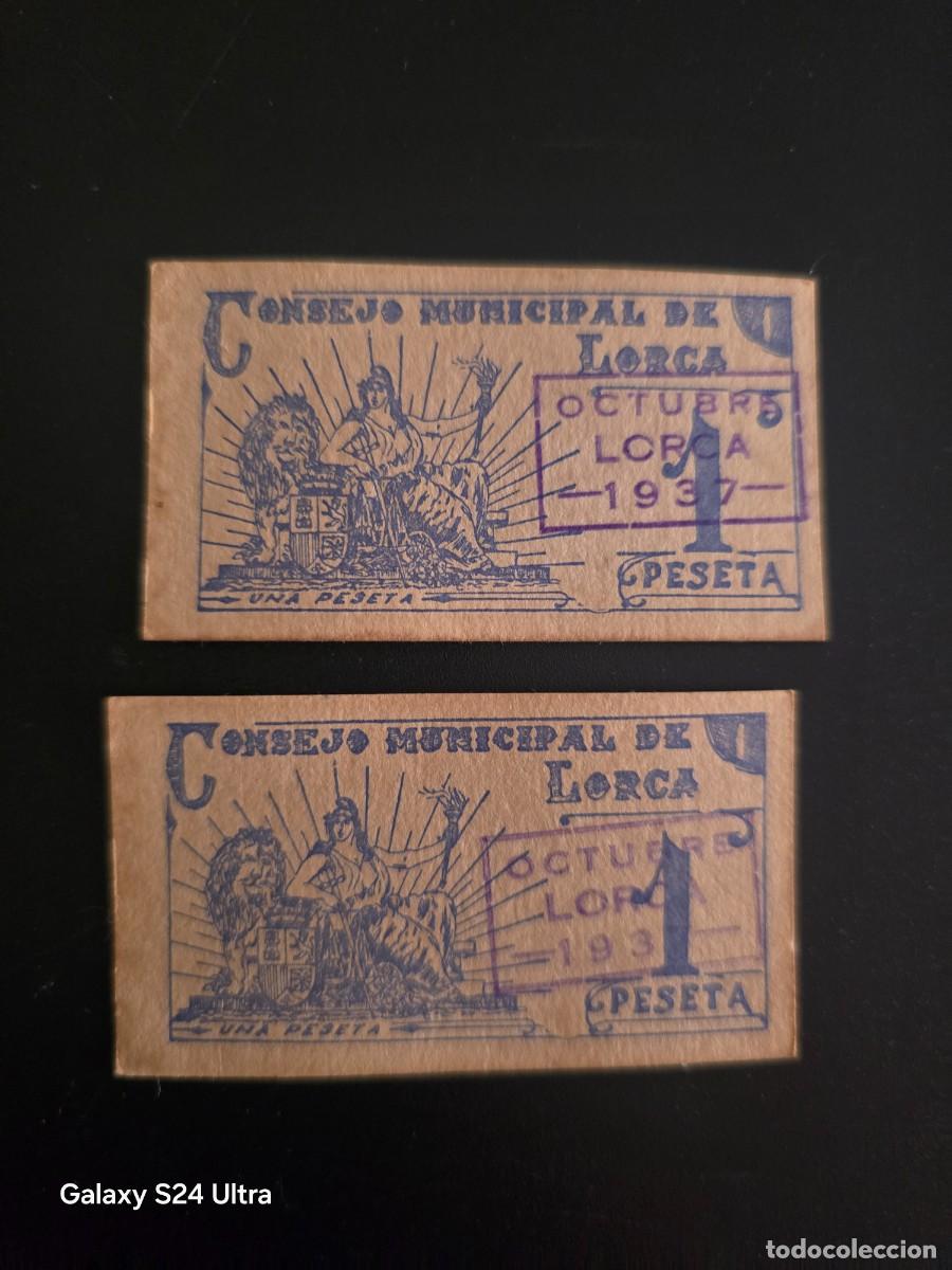Billetes espa&ntilde;oles: LOTE DE 2 BILLETES DE 1937....CONSEJO MUNICIPAL DE LORCA.....PRECIOSOS .... ES EL DE LAS FOTOS