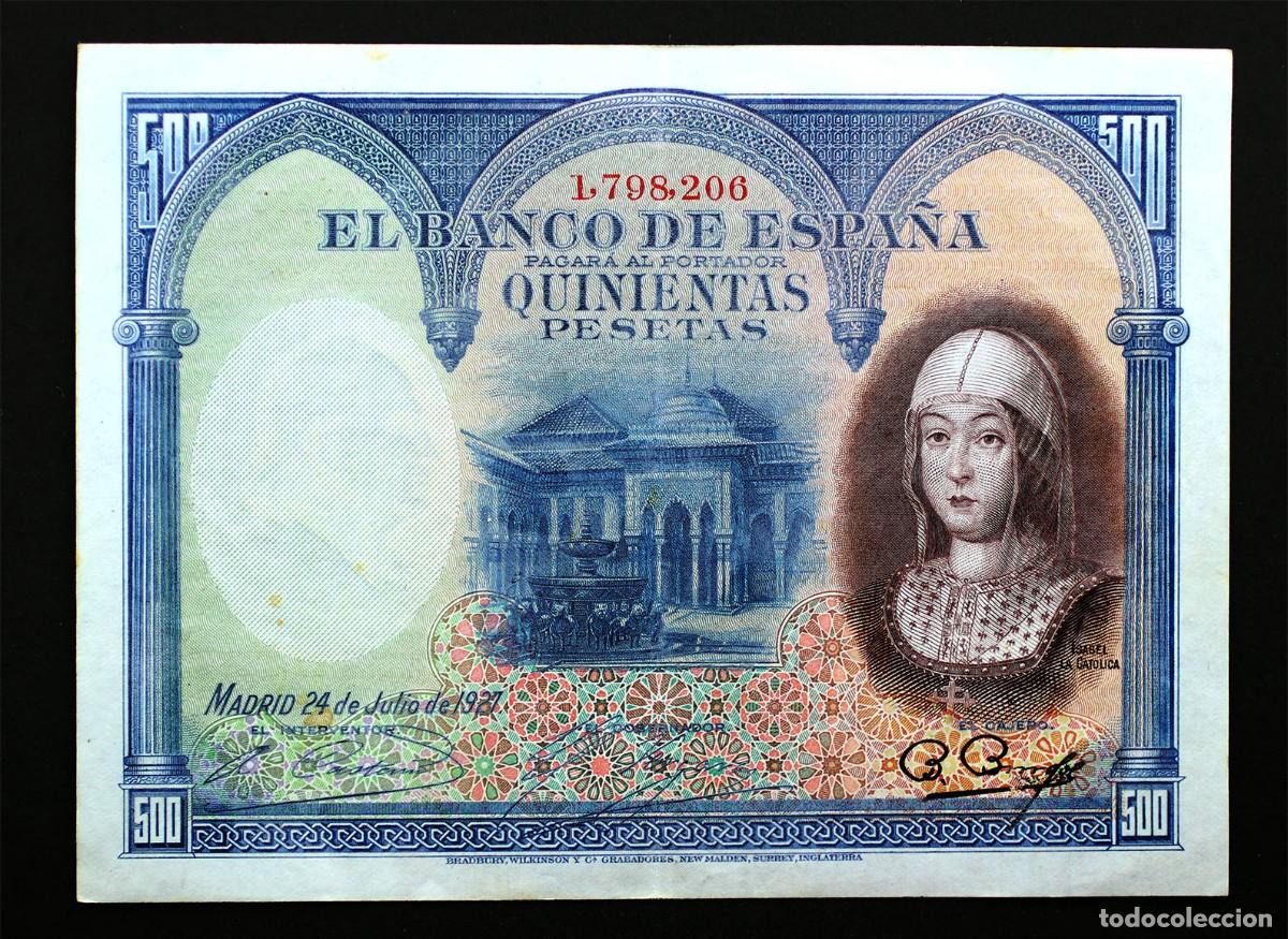 Billetes espa&ntilde;oles: SC. Spain-500 Pesetas de 1927. Isabel &rdquo;La Cat&oacute;lica&rdquo; . Sin serie. EBC/XF. ESCASO