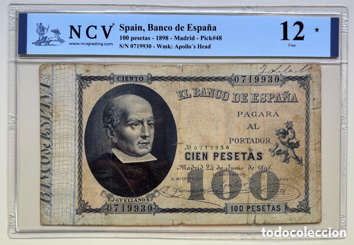Billetes espa&ntilde;oles: Billete Cl&aacute;sico 100 Pesetas 1898 Jovellanos. Certificado NCV 12