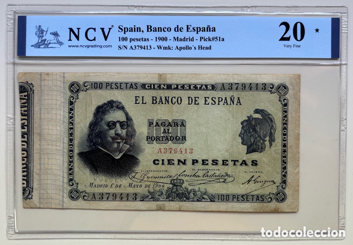 Billetes espa&ntilde;oles: Billete Cl&aacute;sico 100 Pesetas 1900 Quevedo. Certificado NCV 20.