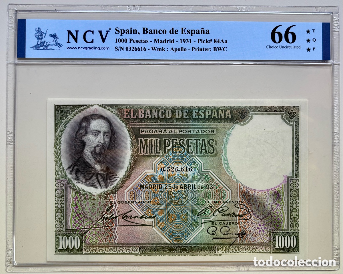 Billetes espa&ntilde;oles: Billete 1000 Pesetas 1931 Zorrilla. Rep&uacute;blica. Certificado NCV 66 TQP