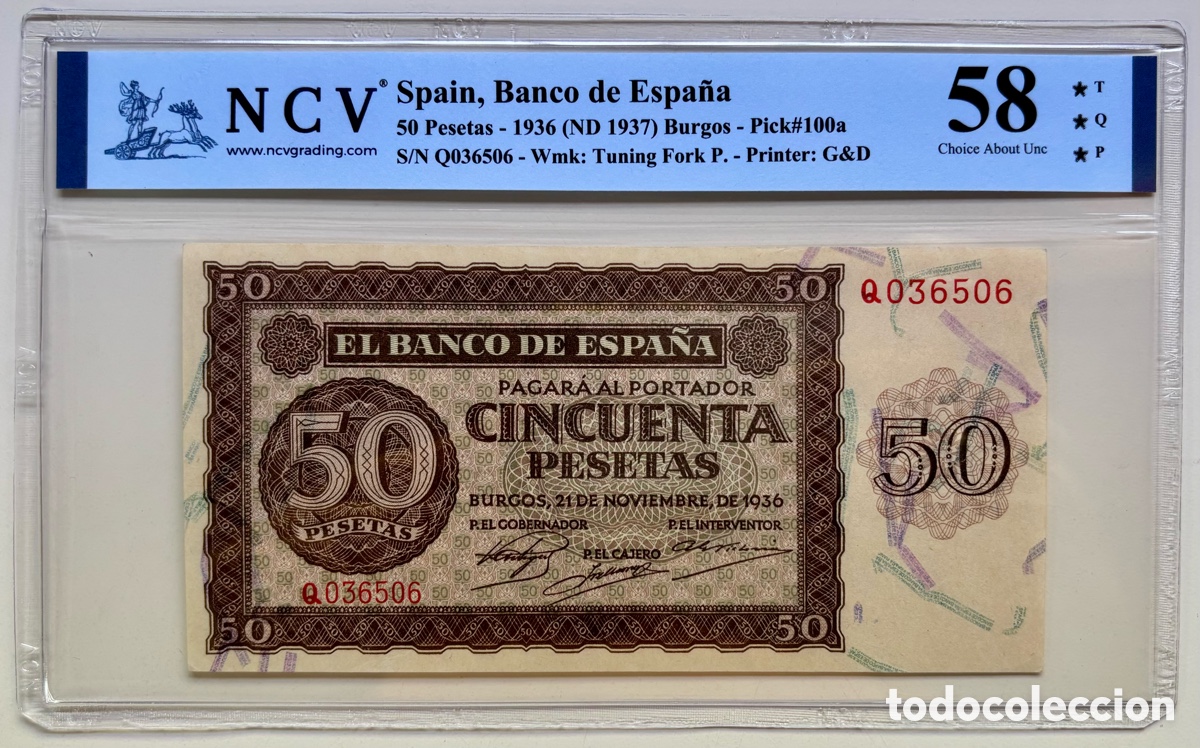 Billetes espa&ntilde;oles: Billete 50 Pesetas 1936 Burgos. Certificado NCV 58 TQP