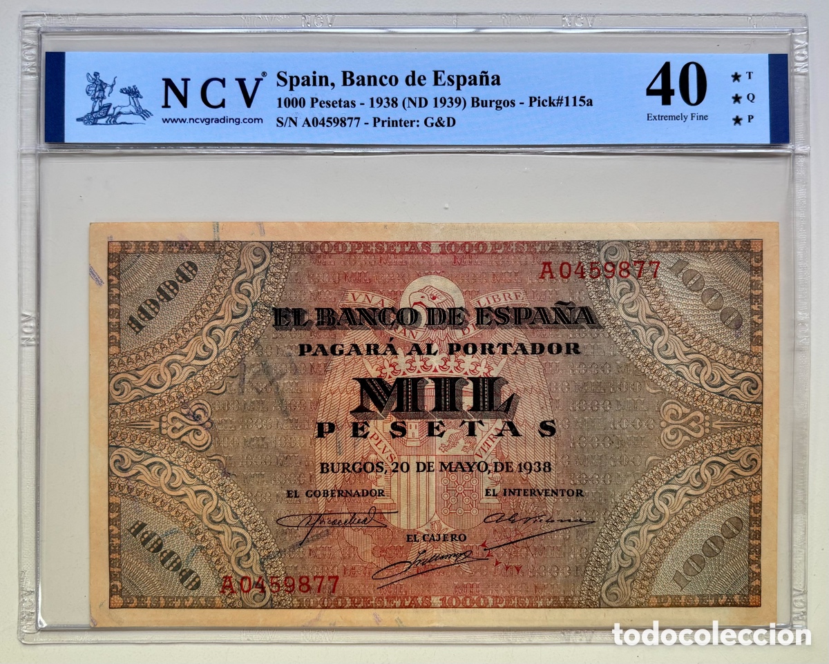 Billetes espa&ntilde;oles: Billete 1000 Pesetas 1938 Burgos. Certificado NCV 40 TQP