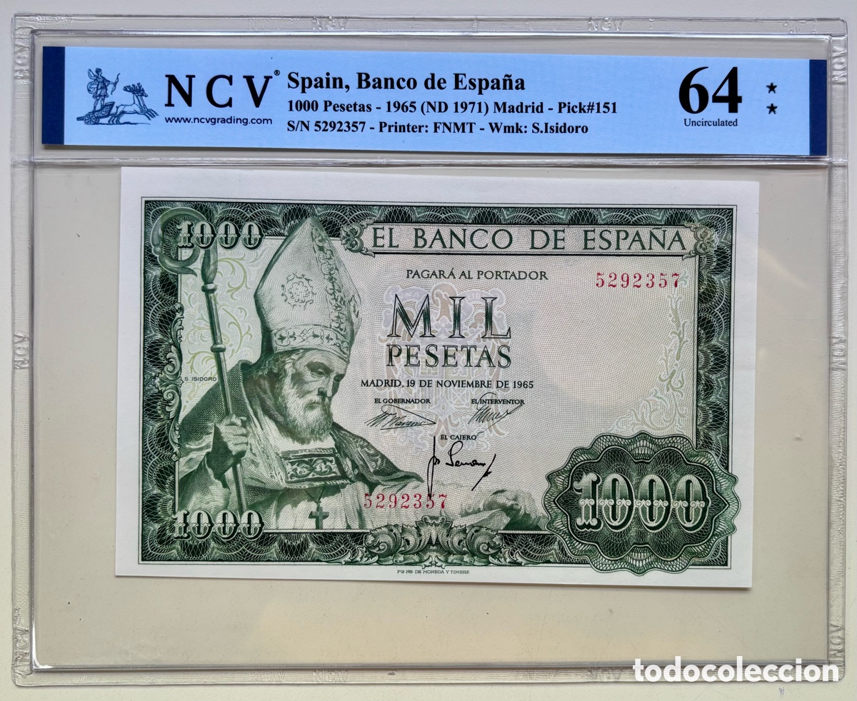 Billetes espa&ntilde;oles: Billete 1000 Pesetas 1965 SIN SERIE. S.Isidoro . Certificado NCV 64