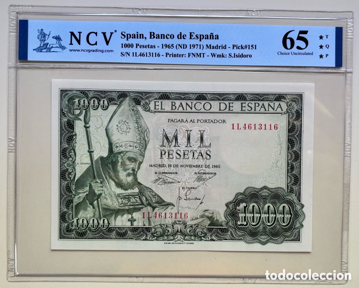 Billetes espa&ntilde;oles: Billete 1000 Pesetas 1965 S.Isidoro. Certificado NCV 65 TQP