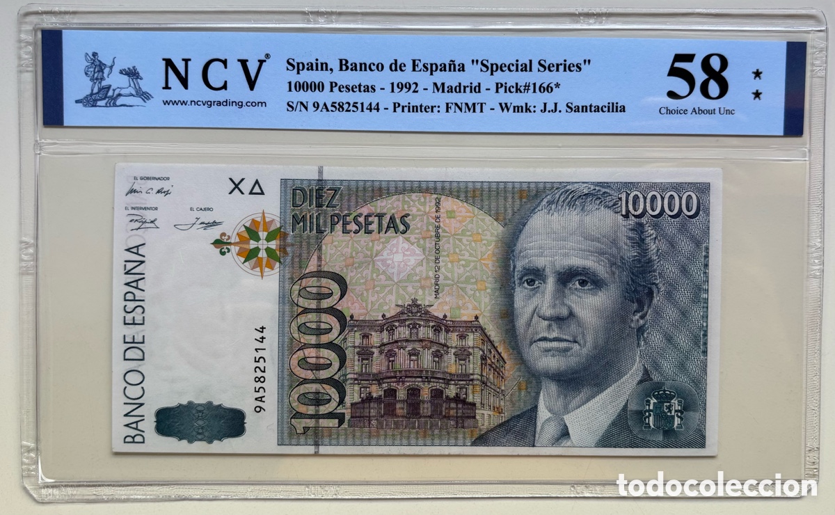 Billetes espa&ntilde;oles: Billete 10000 Pesetas 1992 Serie Sustituci&oacute;n 9A. Certificado NCV 58