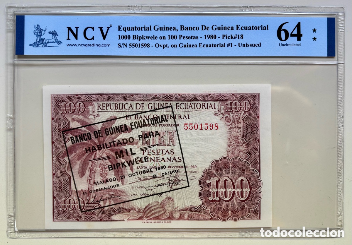 Billetes espa&ntilde;oles: Billete GUINEA ECUATORIAL 100 Pesetas Guineanas 1969 Con Sello 1000 Bipkwele 1980 Certificado NCV 64
